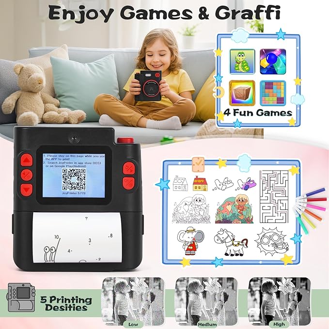 Kids Camera Instant Print, 1080P HD Dual-Lens Selfie Digital Camera with 5 Printing Paper Rolls & 32G TF Card, for Children, Portable Toddler Toy for Age 3-12 Boys & Girls (Black)