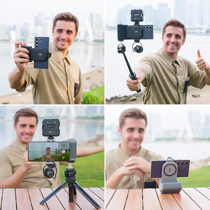 KIWIFOTOS Travel Phone Camera Grip Smartphones Camera Handle with Remote Control & Cold Shoe Mount for iPhone 17 16 Pro Max Samsung S24 S25 Selfie Vlog Video Shooting-Gray