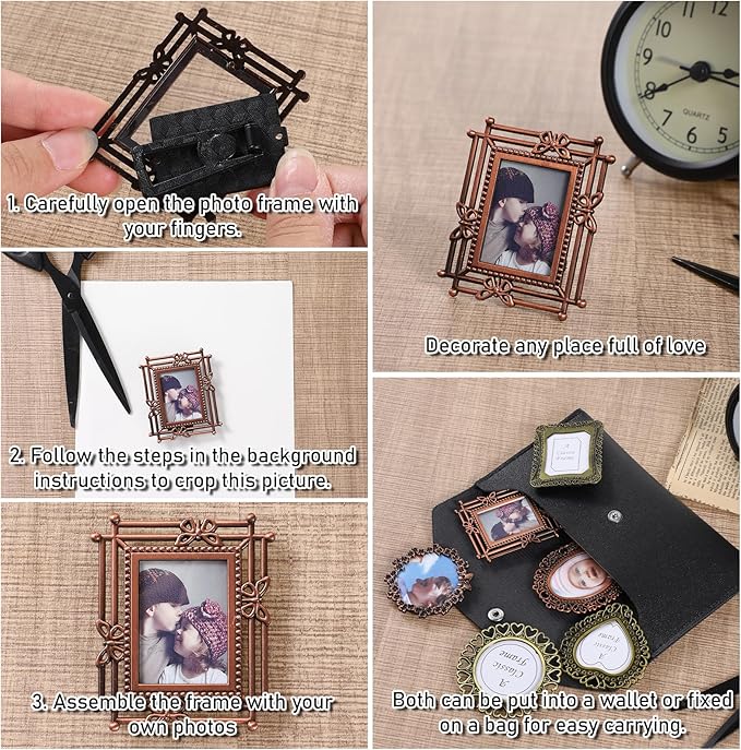 6 Pcs Mini Vintage Picture Frame 1 Inch Wallet Size Picture Frames Assorted Colors Tiny Metal DIY Photo Frames Tiny Metal Photo Frame for Tabletop Wall Display Old Fashioned Photoes Gallery Art Decor