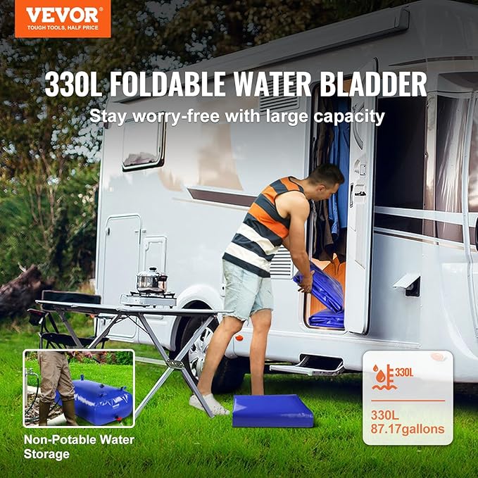 VEVOR 330L/87.17 Gallon Water Storage Bladder, RV Water Tank, 1000D Blue PVC Collapsible Water Storage Containers, Large Capacity Soft Water Bag, Portable Water Bladder, Fire Prevention, Camping