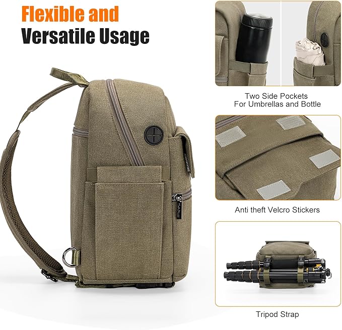 Cwatcun Camera Sling Bag Compact Large Camera Case, Waterproof Canvas Crossbody Camera Bag with Rain Cover, Travel Photography Bag for Canon Nikon Sony Fuji DSLR/SLR/Mirrorless Cameras, Lens, Green