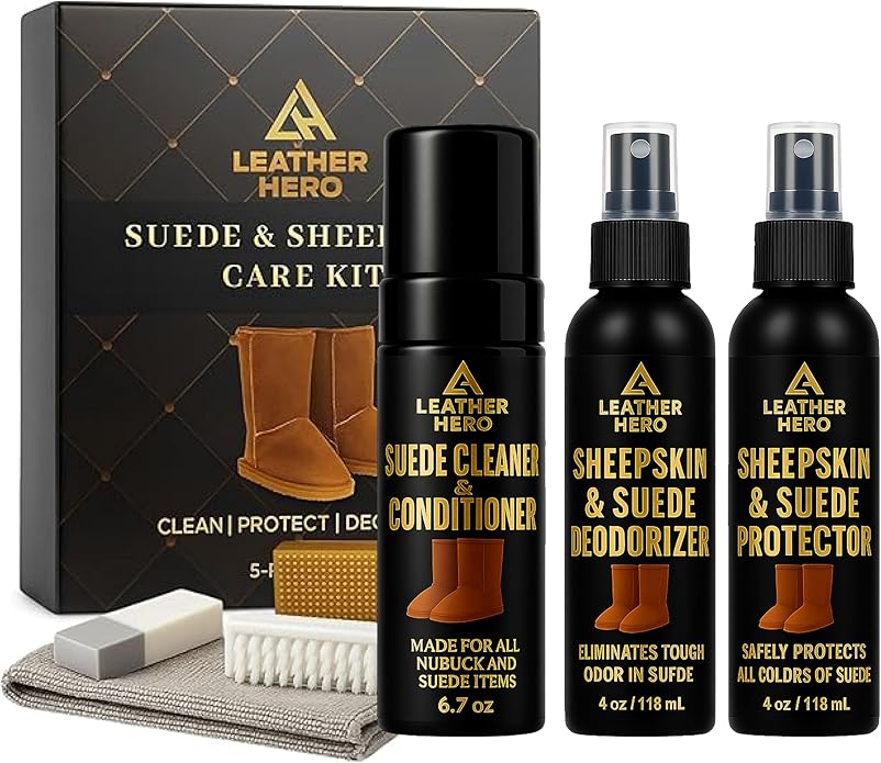 Leather Hero Suede & Sheepskin Cleaning Kit – Compatible with UGG Boots – Foam Cleaner & Conditioner, Water & Stain Protector, Deodorizer, Eraser, Brushes & Cloth – 7-Piece Complete Care Set
