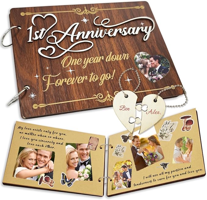 1 Year Anniversary Scrapbook,One Year Anniversary Dating Gifts,1st Down Wooden Couples Photo Album,One year Wooden Scrapbook scrapbooks DIY Photo for Him Her Girlfriend Valentine's Day Gift