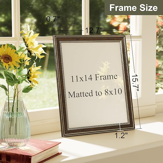 Vittanly 11x14 Picture Frame Set of 4, Vintage Photo Frame for Wall Mount, Display 8x10 Pictures with Mat or 11x14 without Mat, Rustic Farmhouse Home Decor, Brown