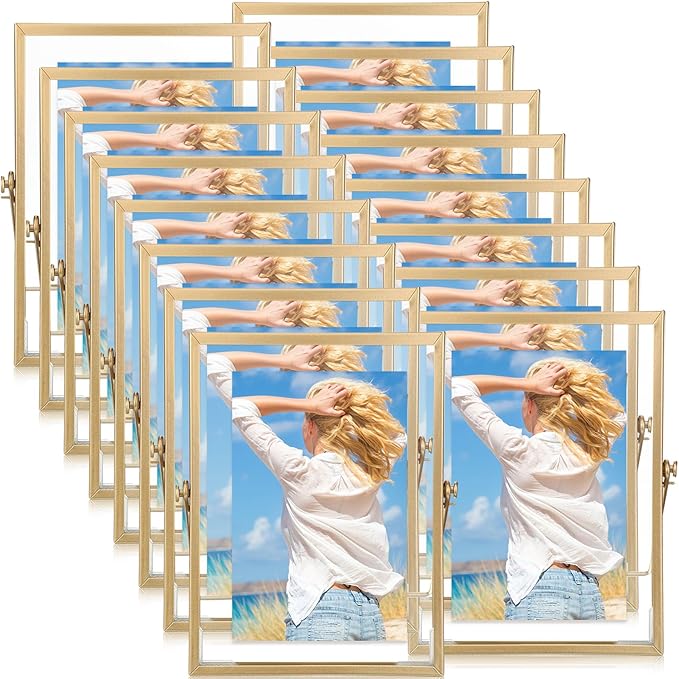 Hoteam 16 Pcs 4 x 6 Inches Gold Floating Frames Glass Photo Frames Vertical Vintage Metal Picture for Wedding Photo Picture Mounting Tabletop Display Office Decor