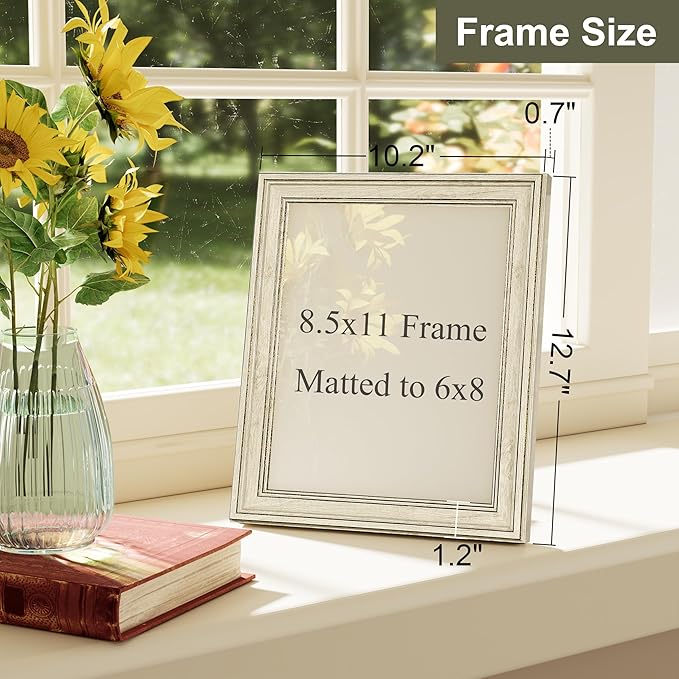 Vittanly 8.5x11 Picture Frame Set of 4, Vintage Photo Frame for Wall Mount, Display 6x8 Pictures with Mat or 8.5x11 without Mat, Rustic Farmhouse Home Decor, Rustic White