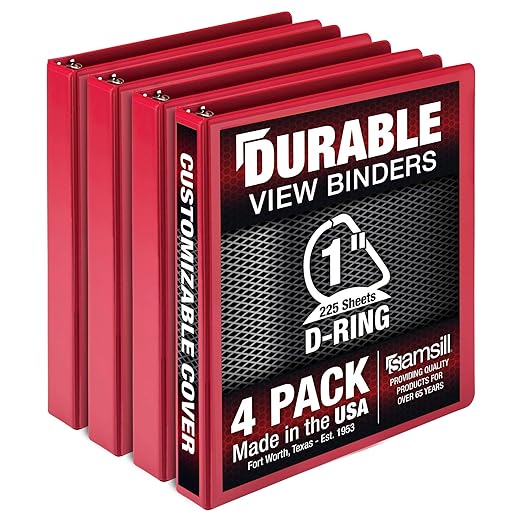 Samsill Durable 1 inch 3 Ring Binder, Made in USA, D Ring Binder, FSC 100% Recycled Chipboard, Red, 4 Pack