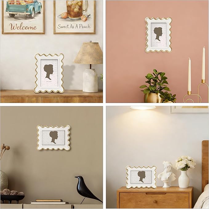AELS 4x6 Inch Vintage Scalloped Picture Frame, Cream Whte and Gold Mid Century Modern Antique Photo Frames with Glass Front, Photo Display, Tabletop Wall Hanging, Gift Ideas