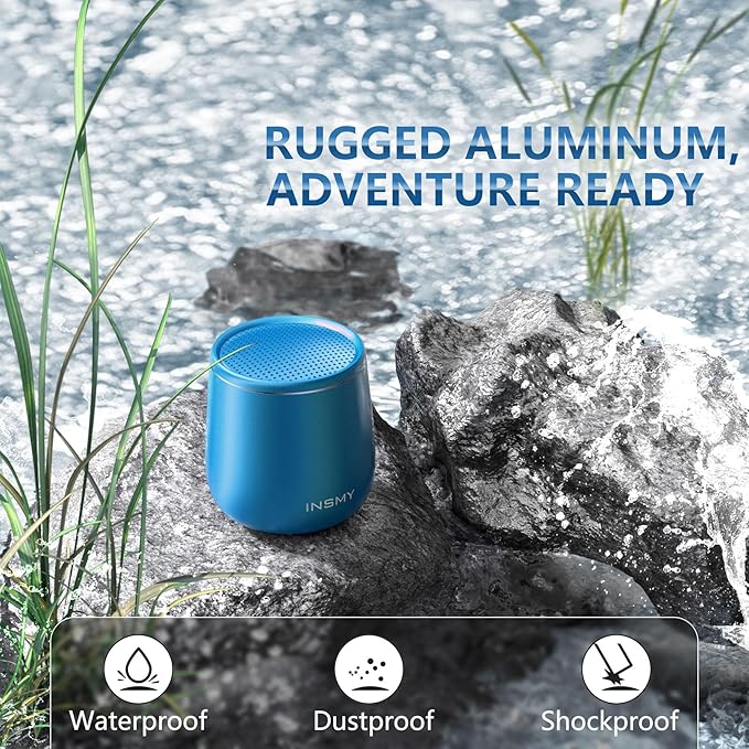 INSMY Small Bluetooth Speaker, Waterproof Mini Portable Wireless Speaker, Punchy Bass Rich Audio Stereo Pairing, Handheld Pocket Size, Built in Mic for Hiking Gift Laptop Tablet (Blue)