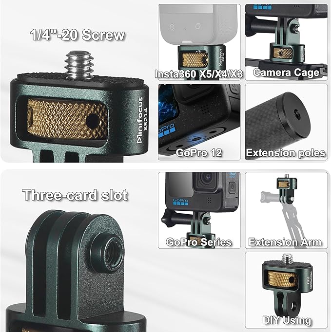 Gopro to 1/4" Adapter, 2Pcs Aluminum Camera Tripod Mount Adapter, 1/4" Screw Head Camera Mount for Gopro Hero 13/12/11/10/9/8, Insta360 X5/X4/X3, DJI Osmo, AKASO and Other Standard 1/4" Accessories