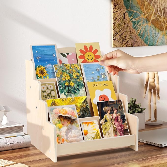 VOGGV Greeting Card Display Stand Holder - 4-Tier Wooden Organizer Rack for Postcards, Stickers, Bookmarks & Tabletop Book Display, Sturdy Card Display Shelf for Retail or Home