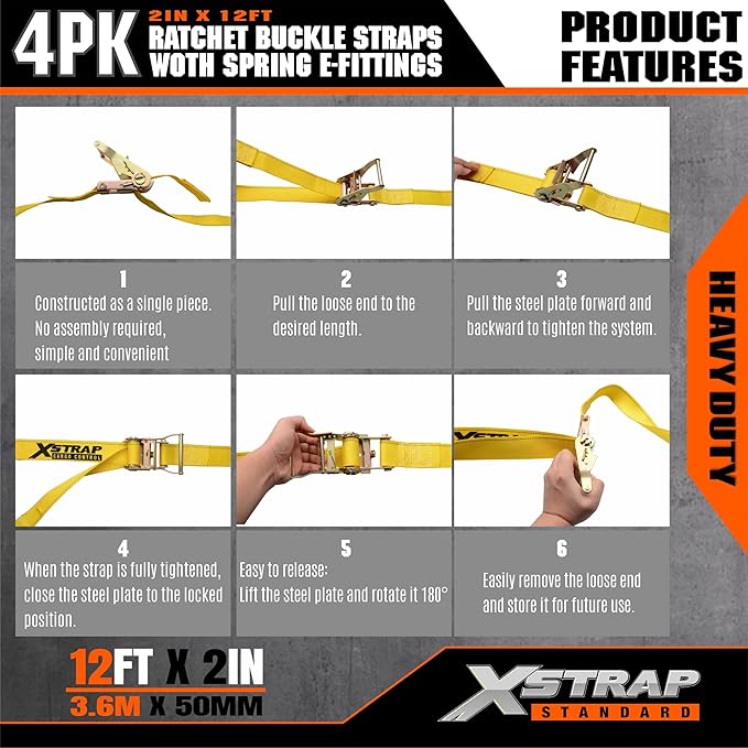 XSTRAP STANDARD 4-Pack E-Track Ratchet Straps 2" x 12' - 4,400 lbs Heavy Duty Cargo Tie Downs for Trailers, Trucks, Vans & Motorcycle Securing with Spring Fittings (Yellow)