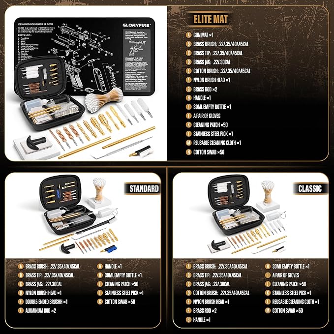 GLORYFIRE Gun Cleaning Kit Fits .22 .357/9mm .38 .40 .45 Cal Universal Handguns & Pistols Compact Carrying Case for Portability Multiple Styles with Brass or Plastic Jags & Tips for Shooting and Range