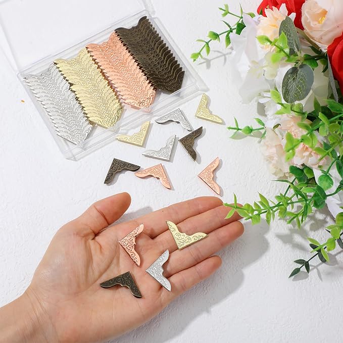Matwsec 100PCS Metal Book Corners Book Corner Protectors with a Storage Box for Scrapbook Photo Album Notebook Diary Folder Corner Decorative Triangle Carved Frame Angle