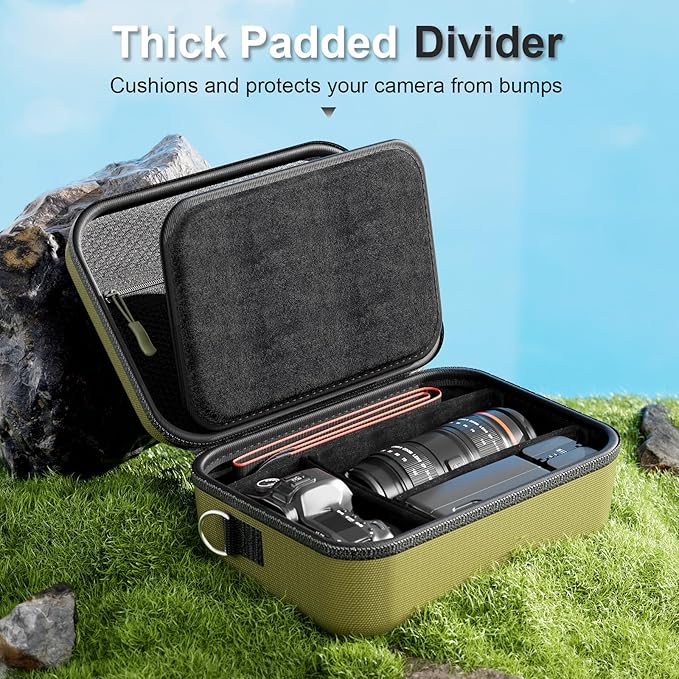 ProCase Hard Shell Camera Case for Canon Rebel T7/EOS R100/R50/DSLR/SLR/Nikon/Sony/Mirrorless Cameras, Soft Padded Digital Camera Travel Bag with 1 Shoulder Strap and 3 Adjustable Dividers -Green