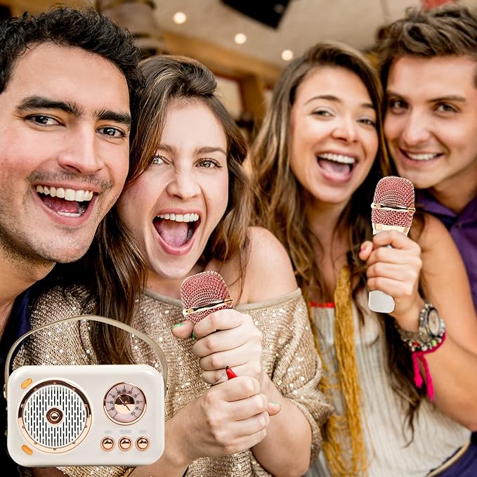 Retro Bluetooth Karaoke Speaker with Dual Wireless Microphones - Portable Rechargeable 1200mAh Battery, 10W HD Sound & 6 Voice Modes for Home Parties, Kids Gifts, Travel, Car Singing(White)