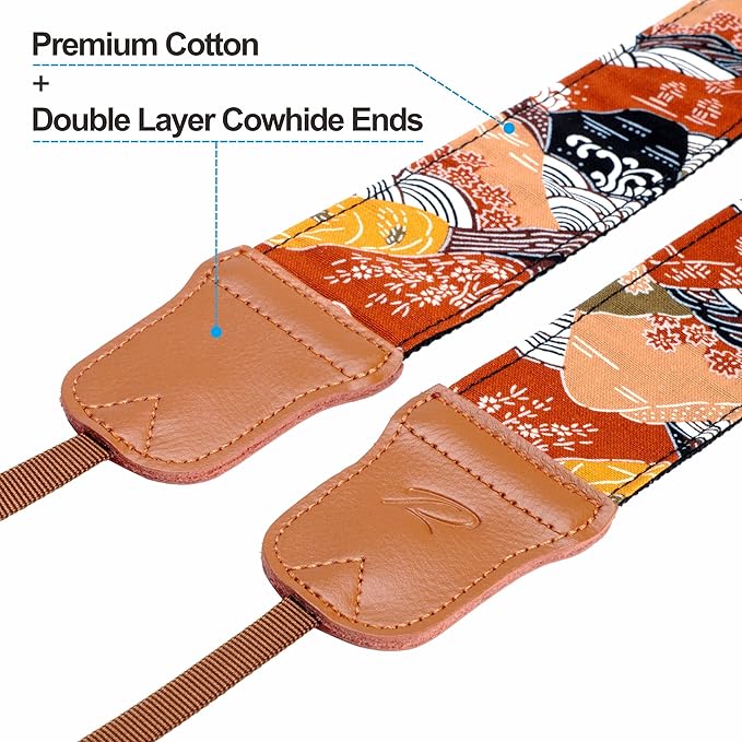 Padwa Lifestyle Japanese Art Style Brown Camera Strap - 2" Wide Double Layer Cowhide Head,Pure Cotton Camera Shoulder Straps,Adjustable Camera Neck Strap for All DSLR Cameras, Gifts for Photographers