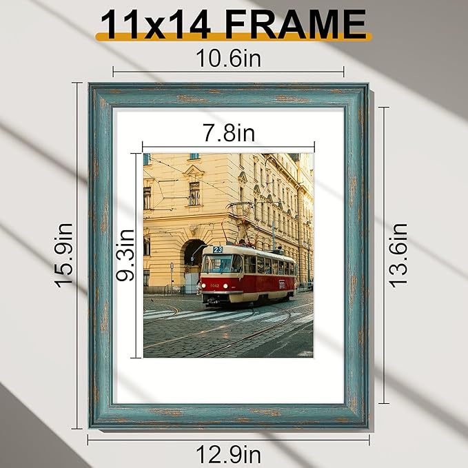 Vittanly 11x14 Picture Frames Set of 2, Ornate Vintage Photo Frame for Wall or Tabletop, Display 8x10 Pictures with Mat or 11x14 without Mat, Rustic Blue