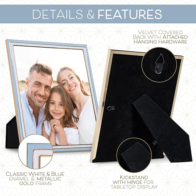Sheffield Home Tabletop Picture Frame – Iron Enamel Decorative Display Frame for Home or Office, 5x7 Inch, White and Blue
