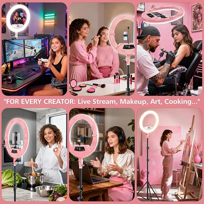 22" Large Ring Light with Stand,Foldable LED Big Ring Light Tripod for iPhone Phone Ipad, 75" Tall Tripod Touch Screen,Wireless Remote for Live Stream,YouTube,TikTok Video Shooting Pink