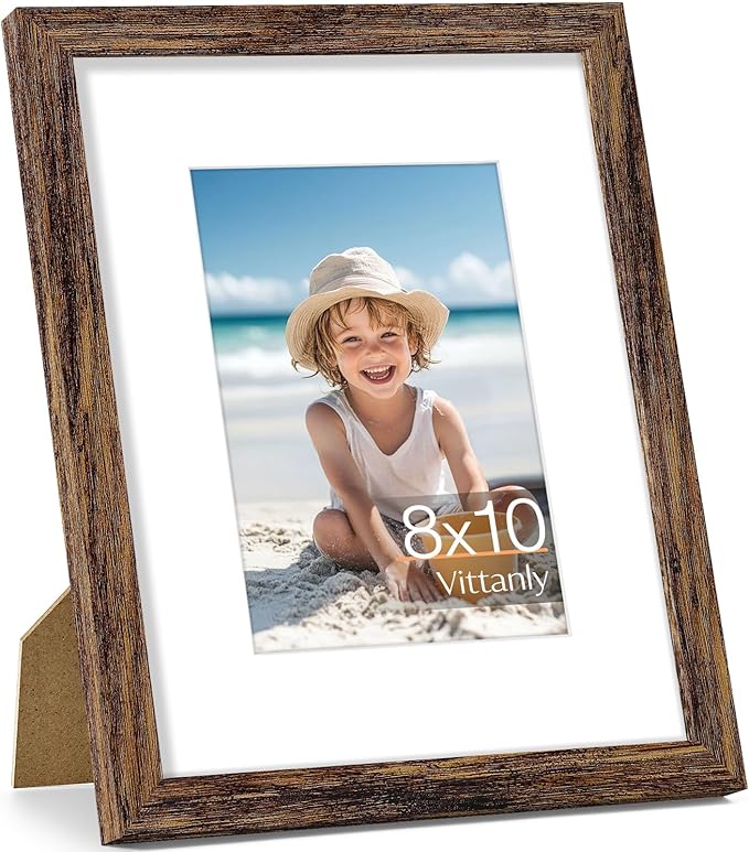 Vittanly 8x10 Picture Frame, Made of Solid Wood and Shatterproof Plexiglass, Display Pictures 5x7 with Mat or 8x10 without Mat, Wooden Photo Frame for Wall Mounting or Tabletop, Dark Brown, 1 Pack