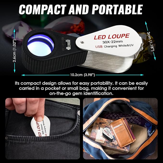30x Jewelers Loupe Magnifier with UV & LED Lights, 22mm Triplet Lens Rechargeable Jewelers Loupe Foldable Jewelry Magnifier Portable Jewelry Magnifier Inspection Loupe for Gems, Jewelry, Coins, Rocks