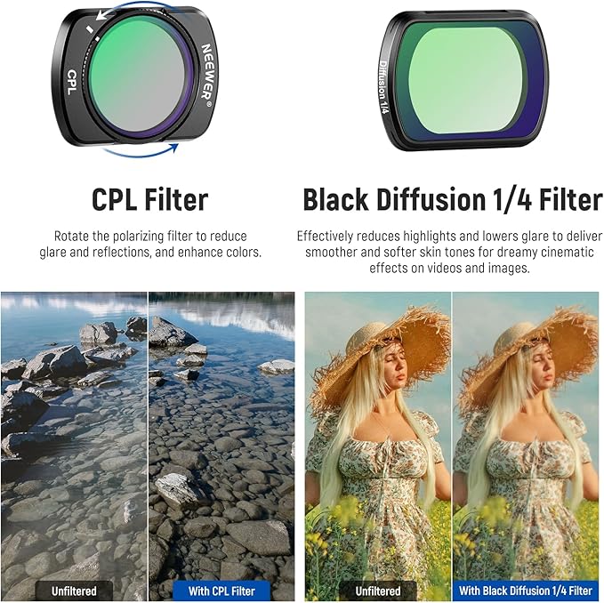 NEEWER Magnetic ND Filter Set Compatible with DJI Osmo Pocket 3 Creator Combo Accessories, Variable ND2-32 Black Mist Diffusion 1/4 CPL 0.72x Wide Angle Lens, HD Optical Glass + 2X Screen Protector