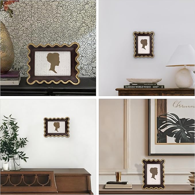 AELS 4x6 Inch Vintage Scalloped Picture Frame, Mid Century Modern Antique Photo Frames with Glass Front, Photo Display, Tabletop Wall Hanging, Gift Ideas, Dark Walnut