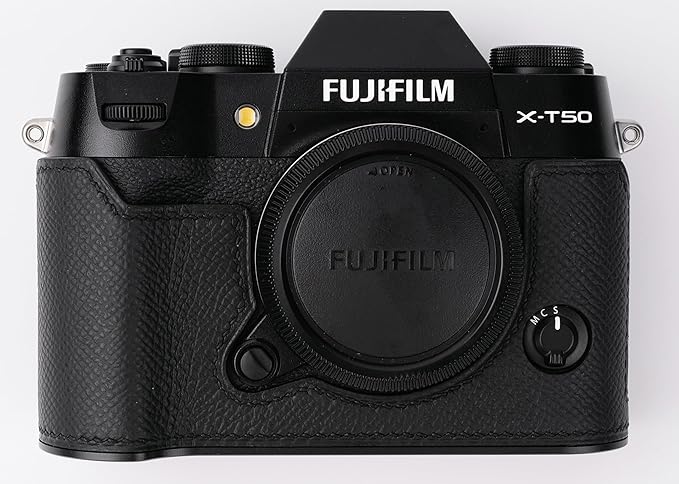 handmade Genuine Leather Camera Half Case for Fujifilm X-T50 - Top Layer Cowhide Body + Metal Base Plate - Hand Shank Free Design (Black)