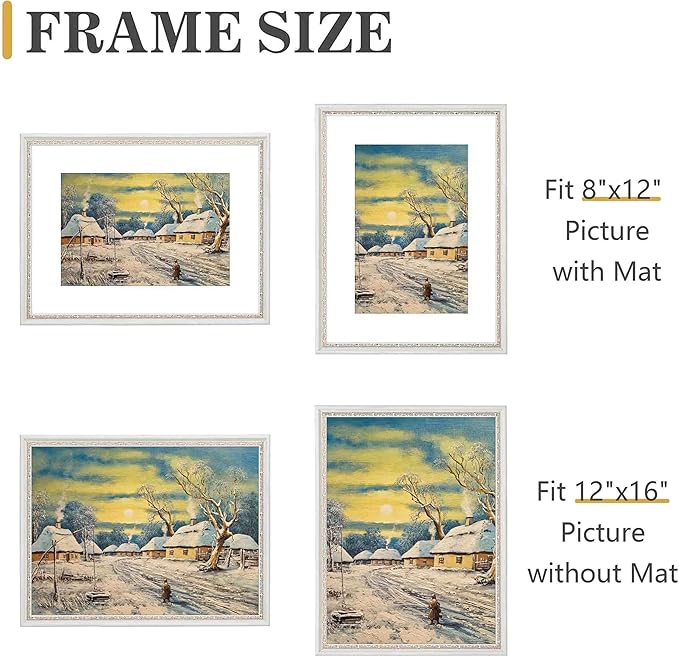 VIOLABBEY 12x16 White Gold Picture Frame, Display 8x12 Photo with Mat or 12x16 without Mat, Ornate Vintage 12 x 16 White Gold Frame for Wall Decor or Tabletop Display