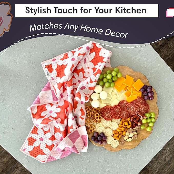 Reversible Microfiber Towel - Ultra Absorbent, Quick-Drying Hand Towels - Modern Design, Scratch-Free, Lint-Free for Kitchen, Bathroom, Car Cleaning - 19x29 Inches, Set of 1 (Check Your Blossoms)