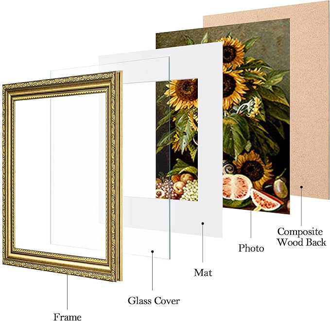eletecpro 8x8 Picture Frames Set of 4, Vintage Frame with Glass Cover, 8 x 8 Gold Photo Frames Display 4x4 Photo with Mat or 8x8 without Mat for Tabletop or Wall Decor, Gold