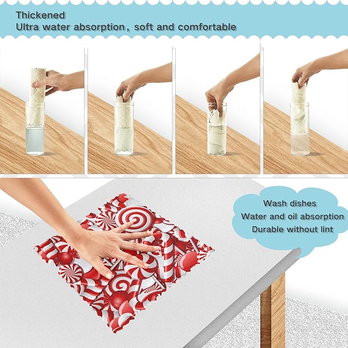 VIGTRO 6 Pack Super Absorbent Kitchen Towels, Christmas Candy Canes Premium Dish Cloths Towels, Sugar Red Sweets Gift Washable Fast Drying Dish Rags Reusable Cleaning Cloth 11x11