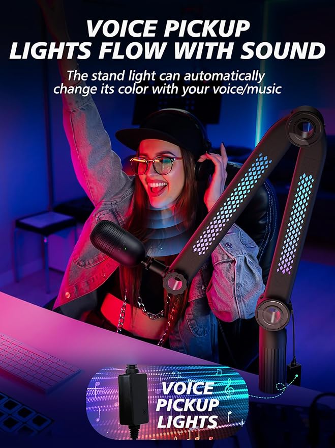 YOUSHARES RGB Mic Arm, Adjustable Boom Arm with RGB Control, Multiple Adapters, Compatible with Blue Yeti, HyperX，FIFINE AM8, Shure Mic，Rode and More, Perfect for Podcasting, Streaming and Gaming