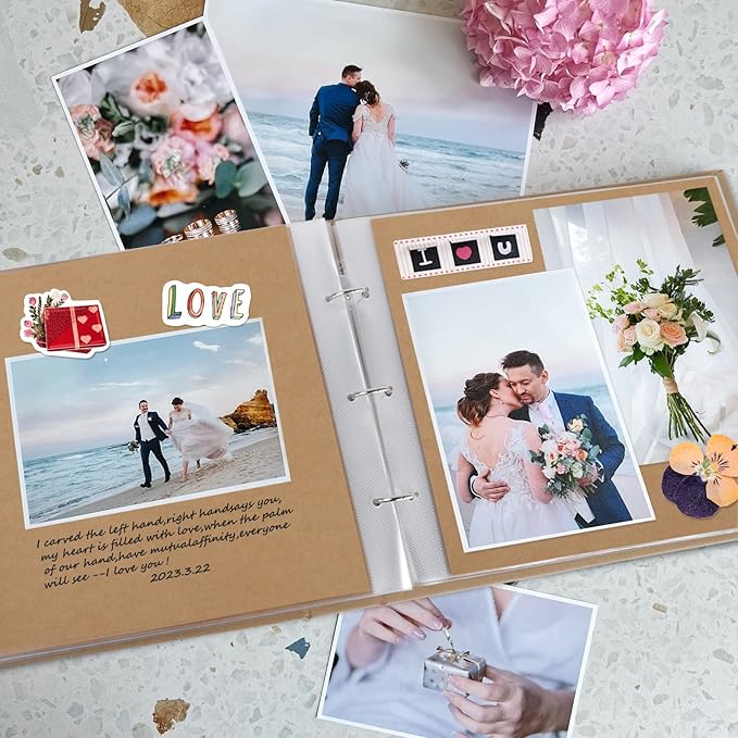 1DOT2 8x8 DIY Small 3 Ring Scrapbook Photo Album Journal with 30 Plastic Sleeves 60 Pages and Kraft Paper Cover for Baby Travel Wedding Couple Anniversary Kids Adventure (8x8 Inch, Yellow)