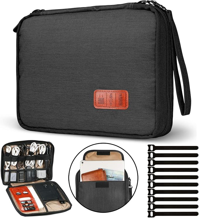 Travel Cable Organizer Bag Double Layer Waterproof Portable Electronic Accessories Organizer for USB Cable Cord Phone Charger Headset Wire SD Card with 10pcs Cable Ties(Black10.6x8 in)