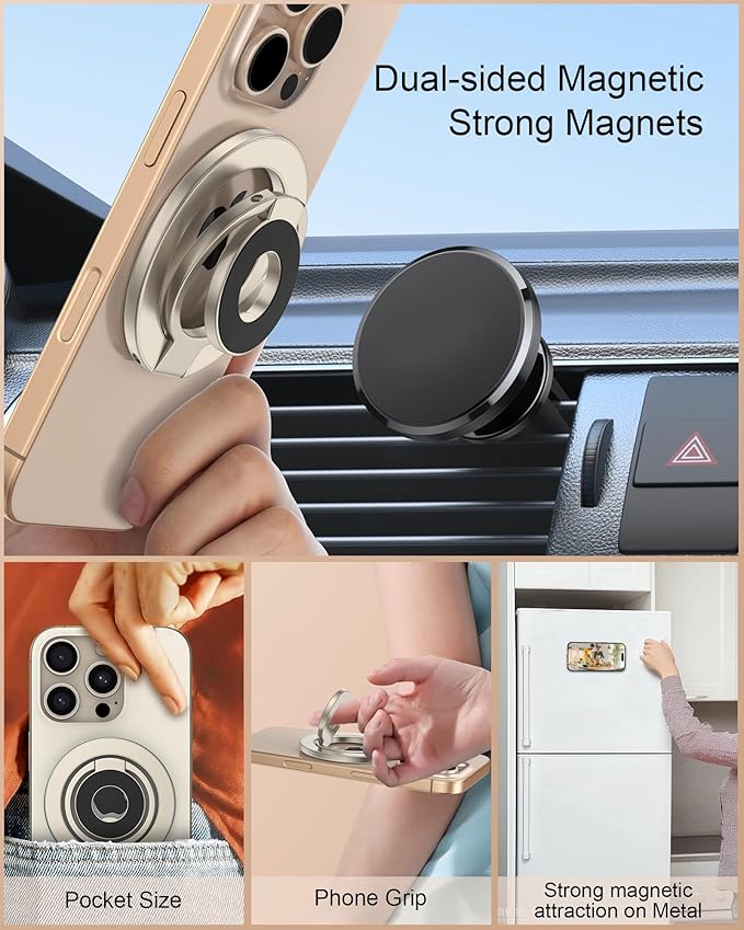 Portable Magnetic Phone Ring Stand, Dual-Side Phone Grip Holder for iPhone 17, Samsung, Foldable Kickstand Soporte Magnético para Cellular Compatible with Car Mount, Desk Stand, MagSafe & Cases-Gold