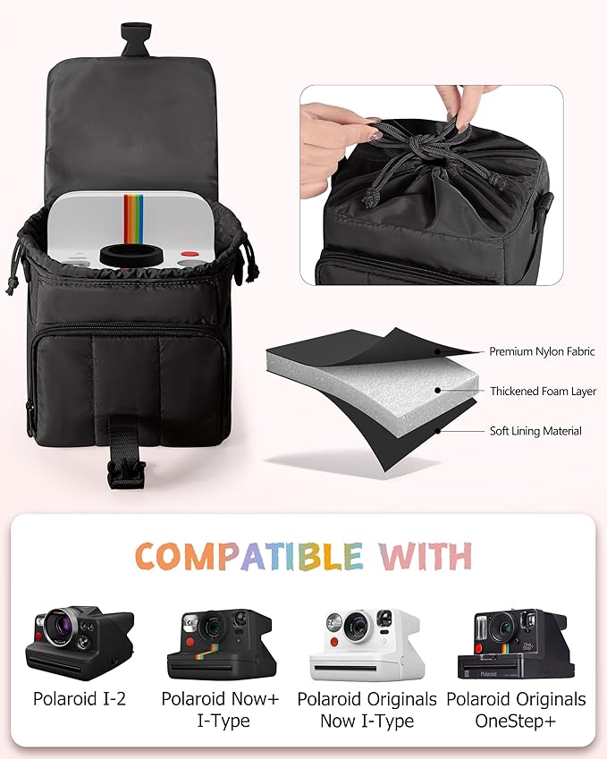 Instant Camera Case Compatible with Polaroid Now 3rd and Go Gen2 Series, Protective Camera Sling Bag with Adjustable Strap and Pockets, Black