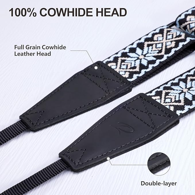 Padwa Lifestyle Adjustable Camera Strap - 1.5" Full Grain Leather Ends Camera Straps for Photographers, Adjustable Neck Shoulder & Crossbody Cotton Strap Quick Release for Cameras and Binoculars