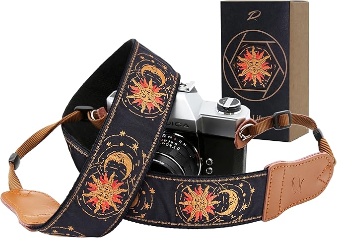 Padwa Lifestyle Helios Moon God Camera Strap -2" Double Layer Cowhide Ends Camera Straps for Photographers, Vintage Embroidered Cotton Weave Soft Padded Strap Adjustable fits All Cameras