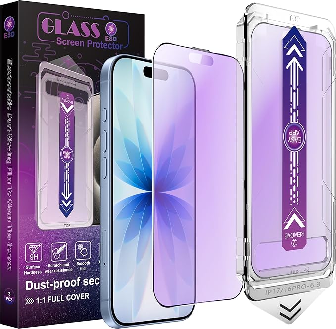SHANG PIN JIA 2 Pack Anti Blue Light Matte Screen Protector for iPhone 17&16 Pro 6.3-Inch Auto Dust Removal, No Bubbles, Tempered Glass Film, Easy Installation