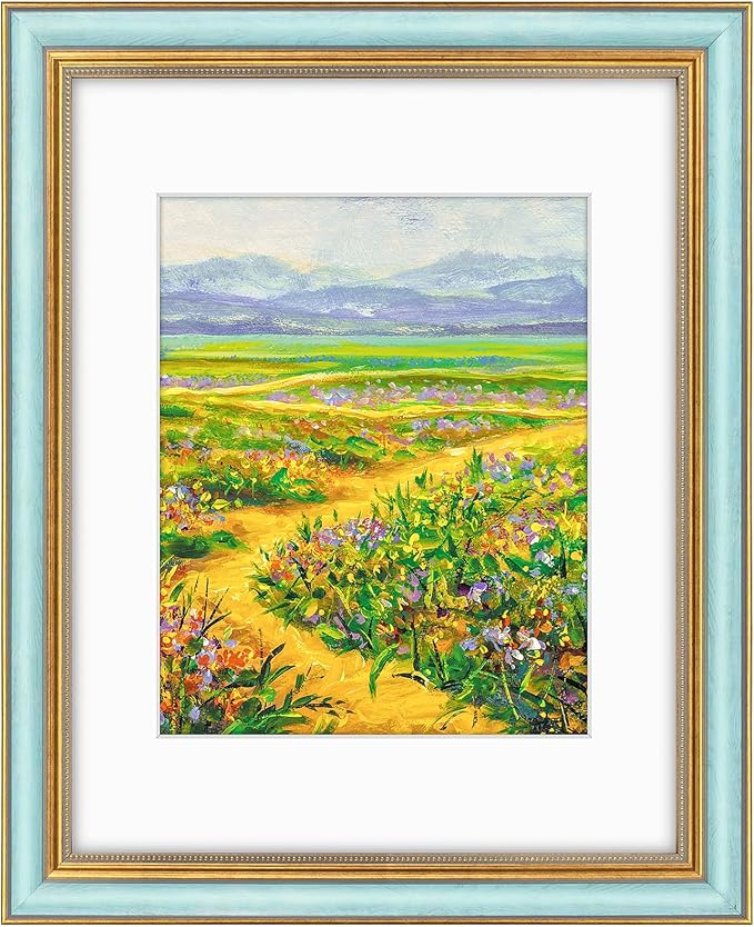 Golden State Art,11x14 Ornate Picture Frame for 8x10 Photo with Mat or 11 x 14 Prints Without Mat, Real Glass Wall Display Horizontally or Vertically (Color:Blue Gold)