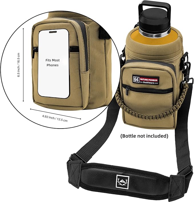 NATURE PIONEOR Water Bottle Holder with Adjustable Strap - Half/One Gallon (64/128oz) Insulated Water Bottle Sling Carrier with Phone Pocket & Paracord Handle, Outdoor Camping, Hiking, Gym