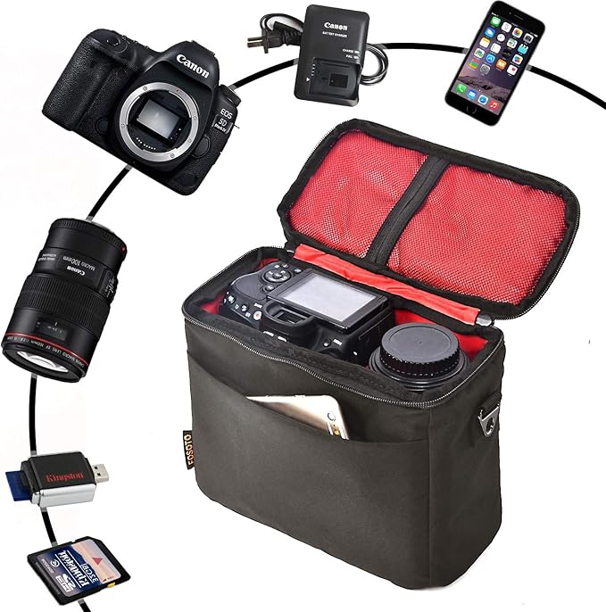 FOSOTO Padded Camera Case with Extra Rain Cover Compatible for Canon EOS Rebel T3i T5 T6 4000D SL2 Nikon B500 D3400 Panasonic Lumix FZ80 DSLR SLR Camera Lens (Black)