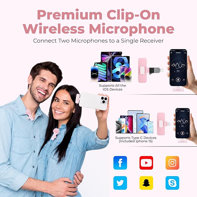 Wireless Lavalier Microphone 2-Pack – Compatible with iPhone, iPad, iOS, Android – Mini Mics with USB-C, Noise Reduction Lapel Mic for Video Recording, Vlogging, YouTube, TikTok (Pink)