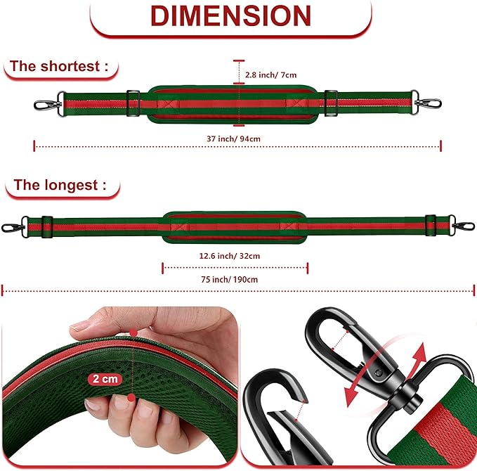 ZINZ 75" Shoulder Strap with Fixed Pad and Dual Balanced Buckles，Green-Red-Green Stripe