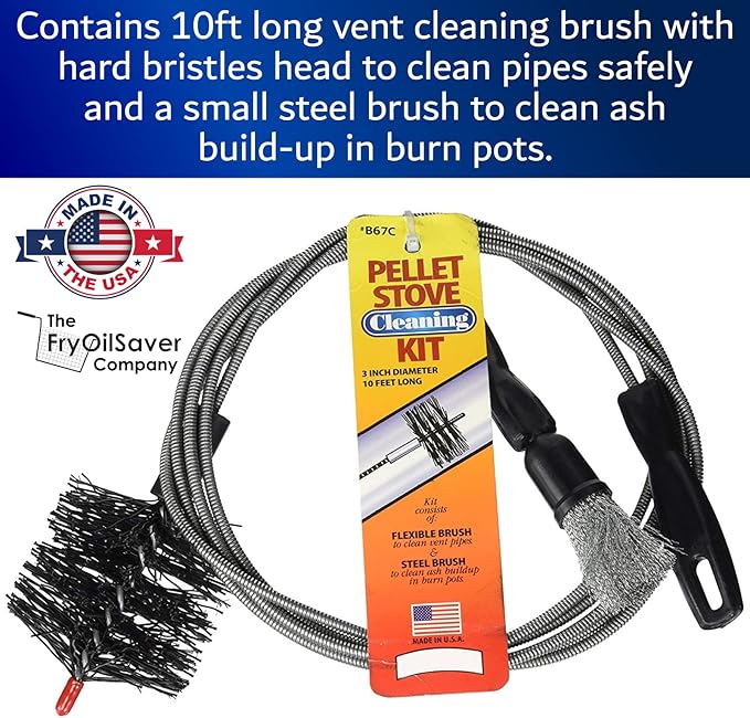 Pellet Stove & Dryer Vent Cleaner Kit – 3 inch Head and 10 ft Long Steel Flexible Brush for Fireplace Chimney, Ash, Lint & Soot Buildup Removal - Pellet Stove Cleaning Kit by FryOilSaver B67C