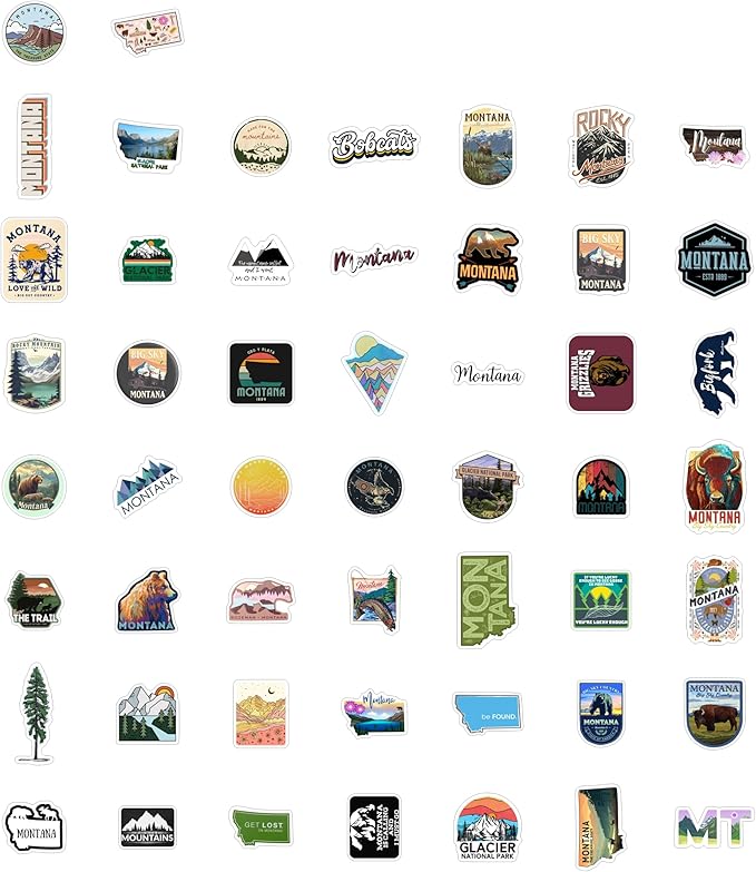 BulbaCraft 100Pcs Montana Stickers for Water Bottle and Laptop - Montana Party Favors & Decorations, Waterproof Vinyl Decals, State Pride and Icon Stickers, Gifts for Women & Men