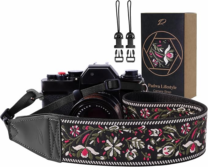 Padwa Lifestyle Camera Strap - 2" Full Grain Leather Ends Camera Straps for Photographers, Vintage Embroidered Cotton Weave Soft Strap Quick Release fits All Cameras