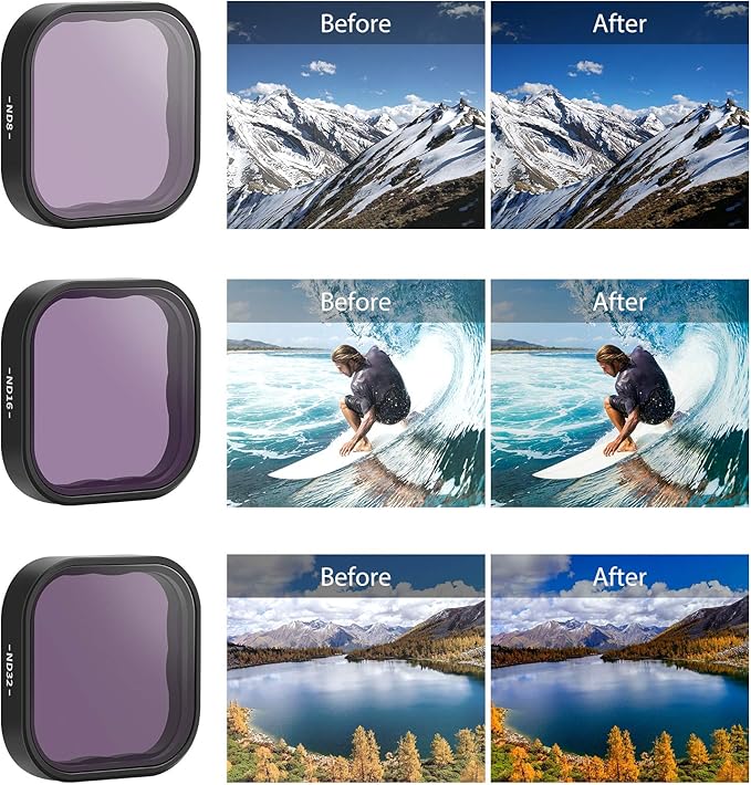 AFAITH ND Filter for GoPro Hero 12/11/10/9 Black, 3 Pack ND Lens Protector Kit Set (ND8 ND16 ND32) Neutral Density Filter for GoPro Hero 12/11/10/9 Black